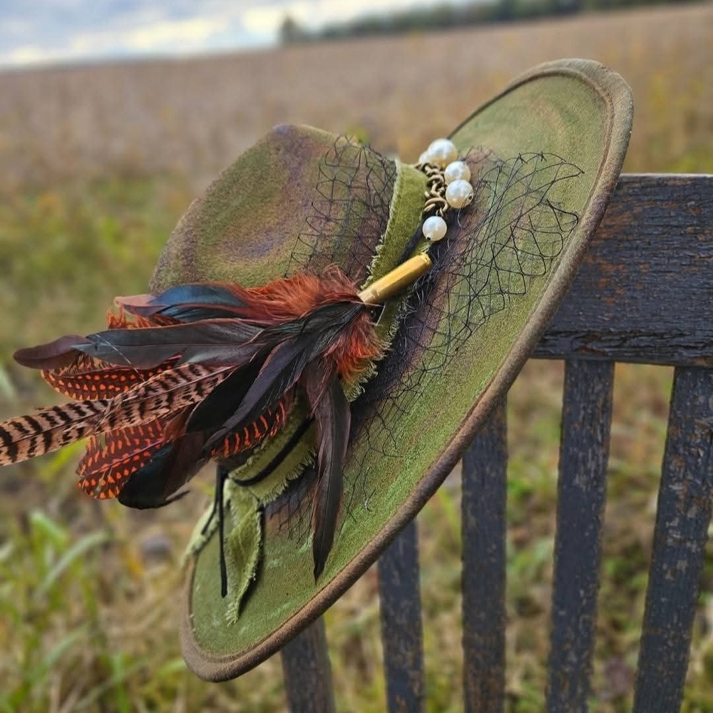 Free People Green Feathered Hat with Pearl Accents